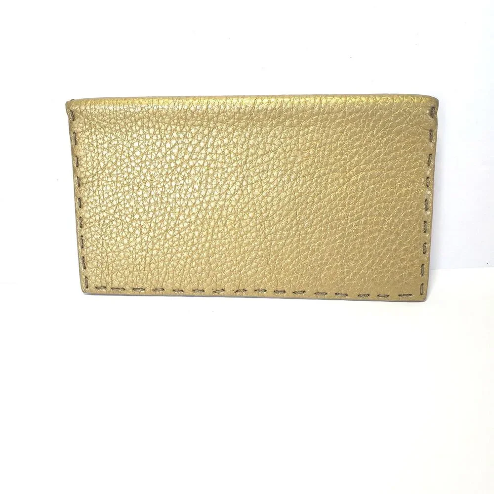 Fendi Selleria Wallet Metalic Gold Pebble Leather Wallet Bifold‎ Large Logo Glam